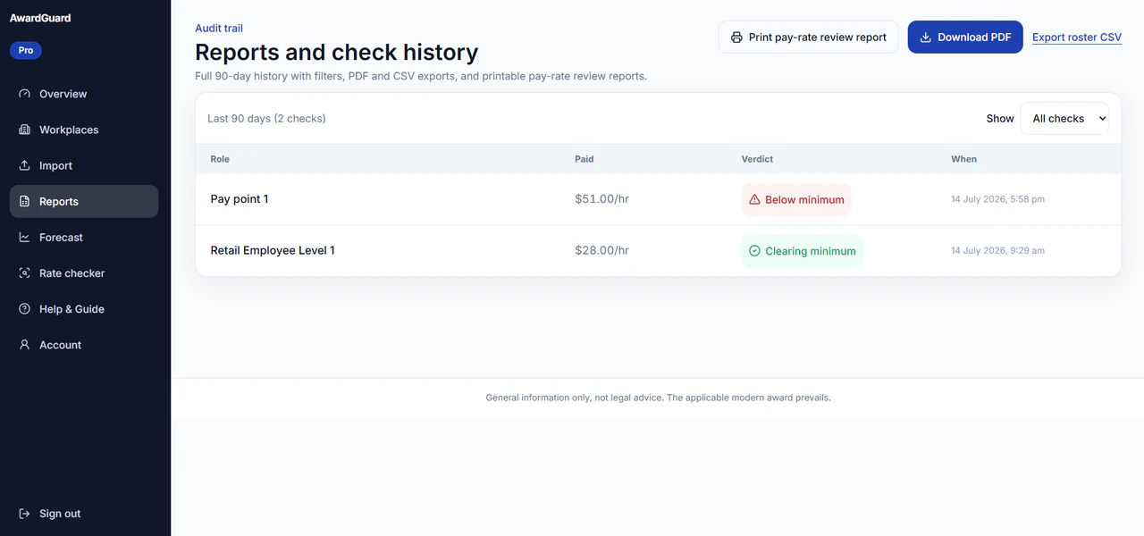 AwardGuard Reports and check history page with a 90-day pay-rate review table, verdict badges, and PDF and CSV export actions